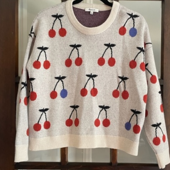 Madewell Sweaters - Madewell Cherry Jacquard Pullover Sweater in Gray, Size Medium